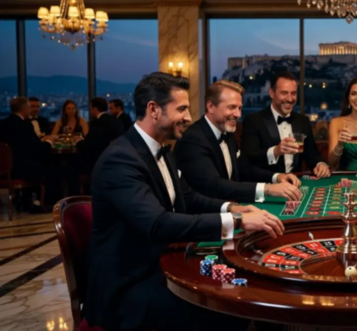Κοντινό πλάνο σε ρουλέτα με χρωματιστά chips σε πολυτελές casino-style event