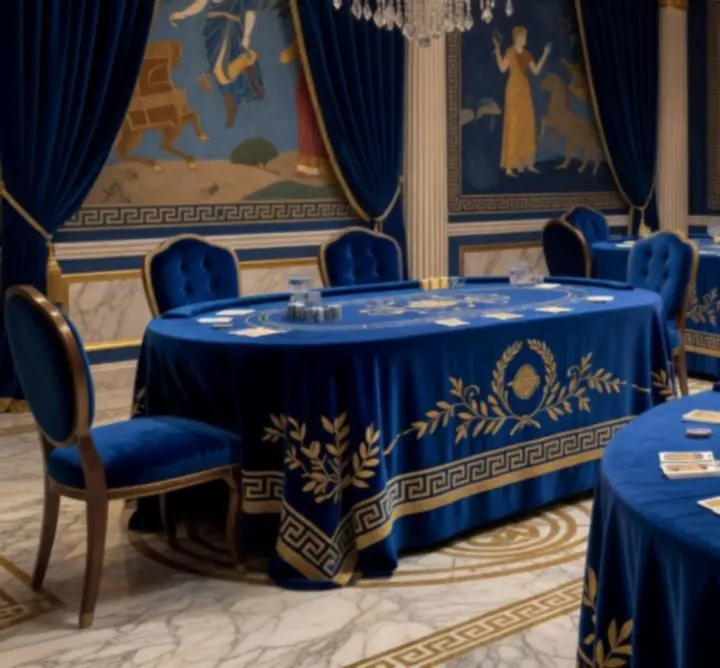 Πολυτελές casino-style setup με τραπέζια πόκερ, ρουλέτα και premium φωτισμό